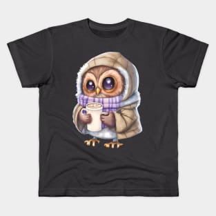 Chibi Owl Drinking Hot Chocolate cute christmas snow design series 4 Kids T-Shirt